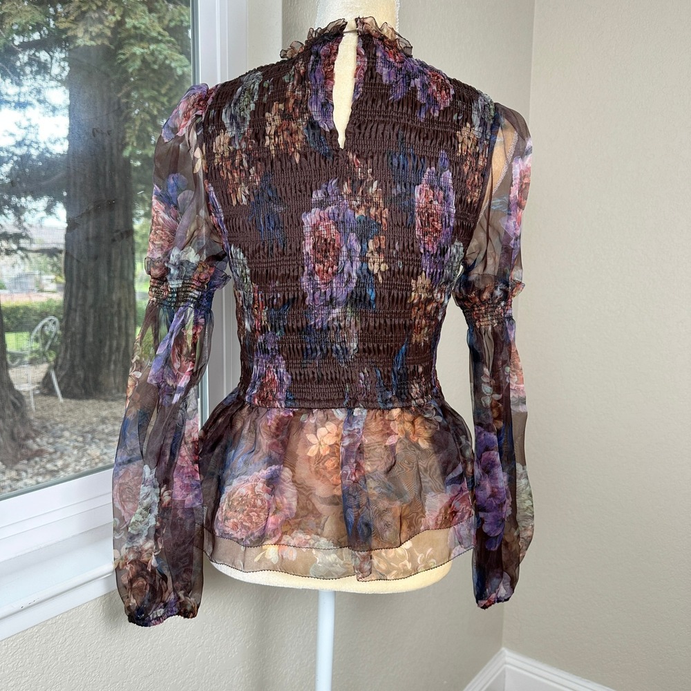 Fate Floral Sheer Smocked Peplum Blouse Top Womens S Mock Neck Elegant Romantic - Picture 3 of 11